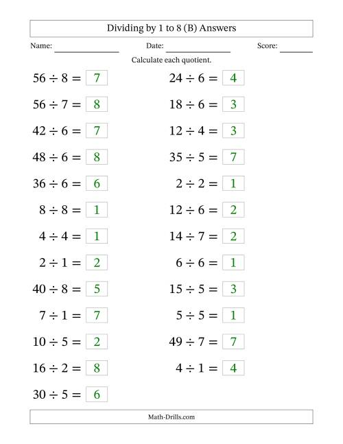 The Horizontally Arranged Division Facts with Divisors 1 to 8 and Dividends to 64 (25 Questions; Large Print) (B) Math Worksheet Page 2