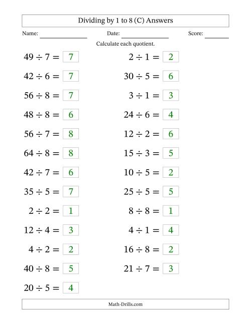 The Horizontally Arranged Division Facts with Divisors 1 to 8 and Dividends to 64 (25 Questions; Large Print) (C) Math Worksheet Page 2