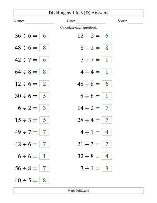 The Horizontally Arranged Division Facts with Divisors 1 to 8 and Dividends to 64 (25 Questions; Large Print) (D) Math Worksheet Page 2