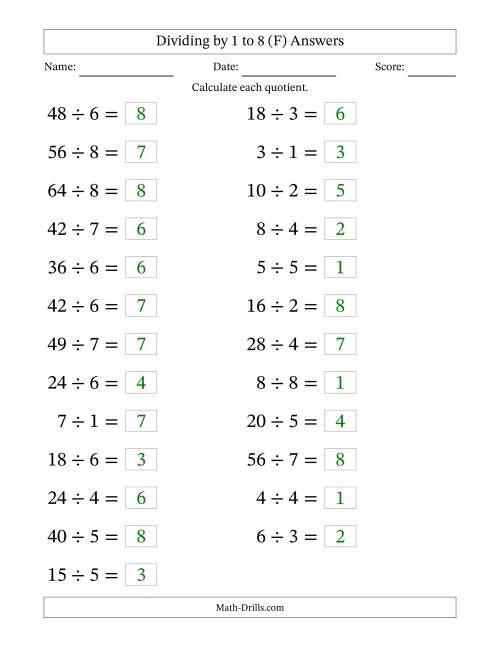 The Horizontally Arranged Division Facts with Divisors 1 to 8 and Dividends to 64 (25 Questions; Large Print) (F) Math Worksheet Page 2