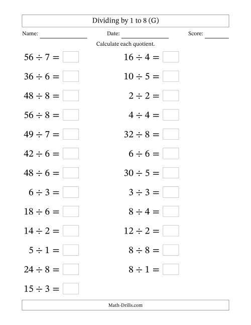 The Horizontally Arranged Division Facts with Divisors 1 to 8 and Dividends to 64 (25 Questions; Large Print) (G) Math Worksheet