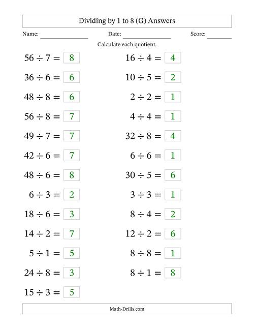 The Horizontally Arranged Division Facts with Divisors 1 to 8 and Dividends to 64 (25 Questions; Large Print) (G) Math Worksheet Page 2