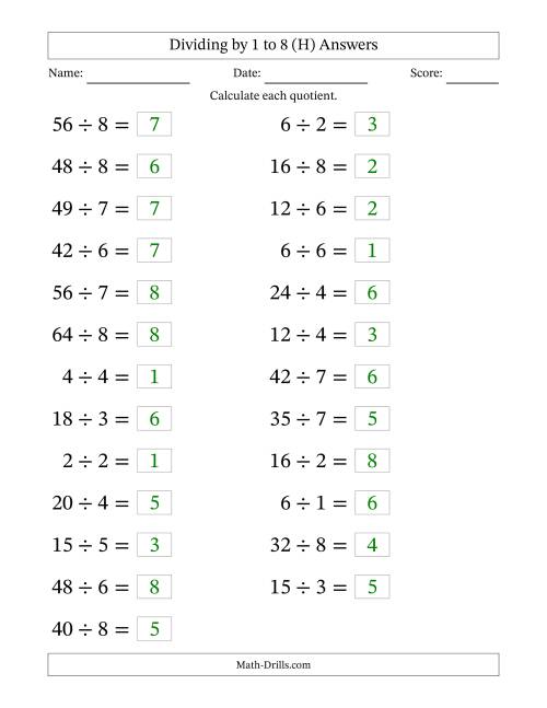 The Horizontally Arranged Division Facts with Divisors 1 to 8 and Dividends to 64 (25 Questions; Large Print) (H) Math Worksheet Page 2