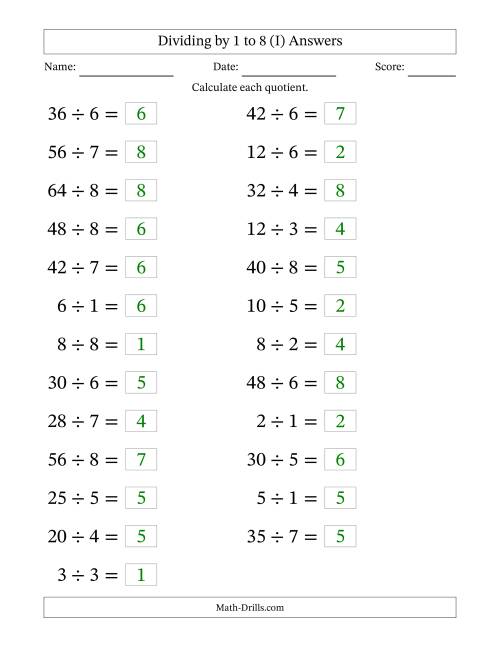 The Horizontally Arranged Division Facts with Divisors 1 to 8 and Dividends to 64 (25 Questions; Large Print) (I) Math Worksheet Page 2