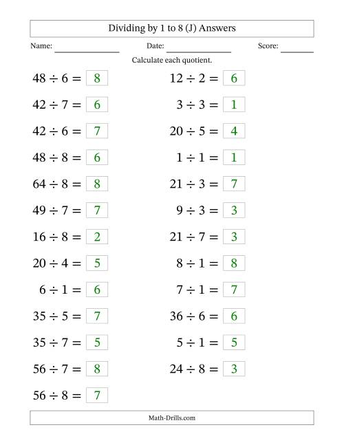 The Horizontally Arranged Division Facts with Divisors 1 to 8 and Dividends to 64 (25 Questions; Large Print) (J) Math Worksheet Page 2
