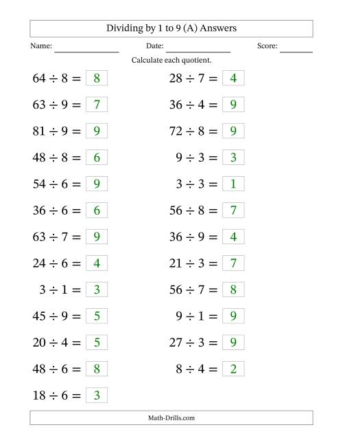 The Horizontally Arranged Division Facts with Divisors 1 to 9 and Dividends to 81 (25 Questions; Large Print) (A) Math Worksheet Page 2