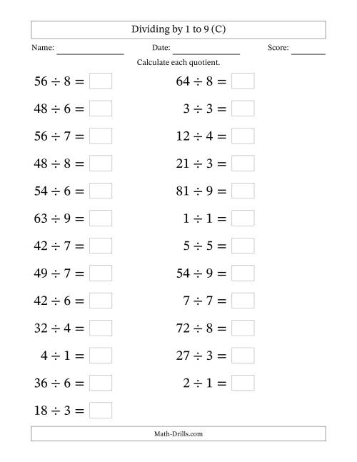 The Horizontally Arranged Division Facts with Divisors 1 to 9 and Dividends to 81 (25 Questions; Large Print) (C) Math Worksheet