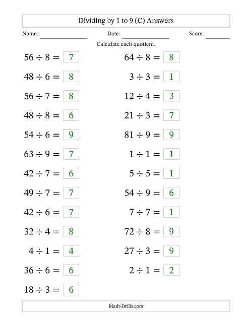 The Horizontally Arranged Division Facts with Divisors 1 to 9 and Dividends to 81 (25 Questions; Large Print) (C) Math Worksheet Page 2