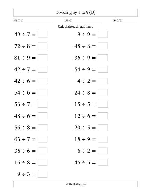 The Horizontally Arranged Division Facts with Divisors 1 to 9 and Dividends to 81 (25 Questions; Large Print) (D) Math Worksheet