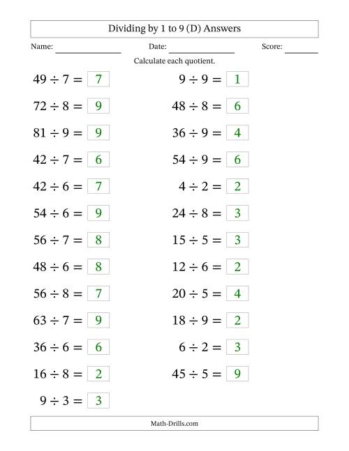 The Horizontally Arranged Division Facts with Divisors 1 to 9 and Dividends to 81 (25 Questions; Large Print) (D) Math Worksheet Page 2
