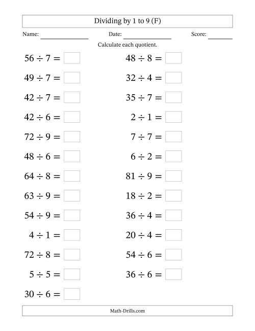 The Horizontally Arranged Division Facts with Divisors 1 to 9 and Dividends to 81 (25 Questions; Large Print) (F) Math Worksheet