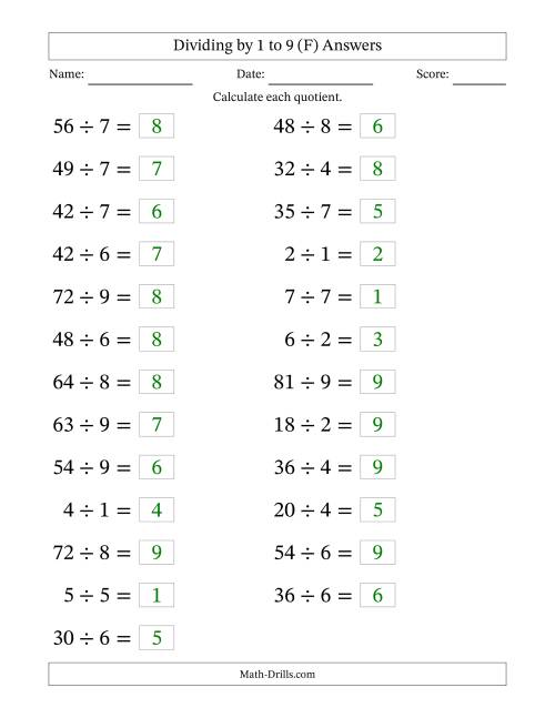 The Horizontally Arranged Division Facts with Divisors 1 to 9 and Dividends to 81 (25 Questions; Large Print) (F) Math Worksheet Page 2