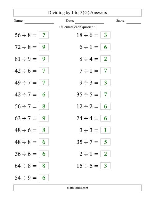 The Horizontally Arranged Division Facts with Divisors 1 to 9 and Dividends to 81 (25 Questions; Large Print) (G) Math Worksheet Page 2