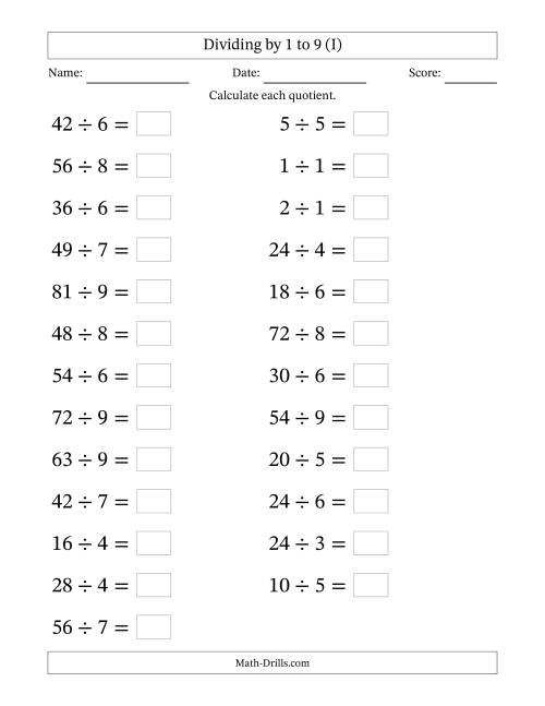 The Horizontally Arranged Division Facts with Divisors 1 to 9 and Dividends to 81 (25 Questions; Large Print) (I) Math Worksheet