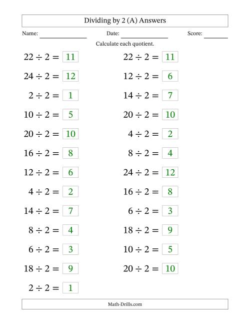 The Horizontally Arranged Dividing by 2 with Quotients 1 to 12 (25 Questions; Large Print) (A) Math Worksheet Page 2