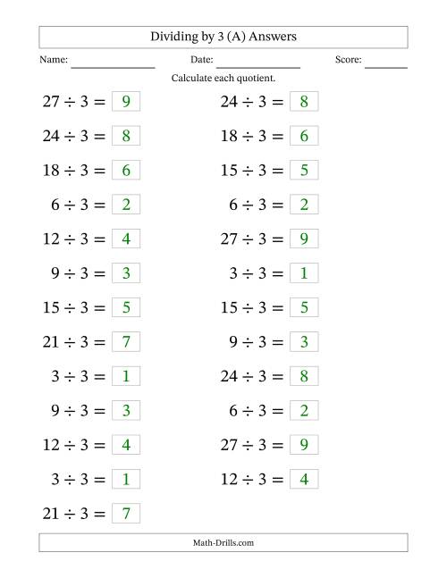 The Horizontally Arranged Dividing by 3 with Quotients 1 to 9 (25 Questions; Large Print) (A) Math Worksheet Page 2