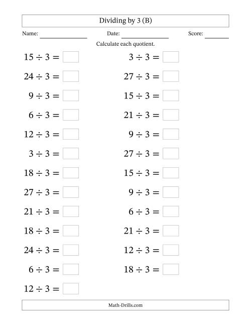 The Horizontally Arranged Dividing by 3 with Quotients 1 to 9 (25 Questions; Large Print) (B) Math Worksheet