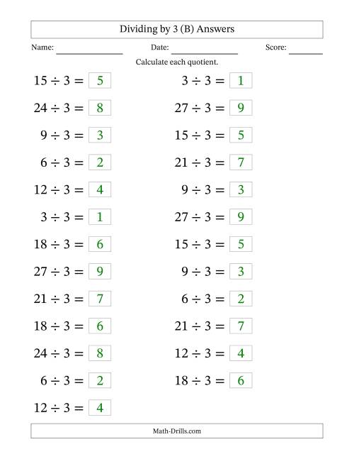 The Horizontally Arranged Dividing by 3 with Quotients 1 to 9 (25 Questions; Large Print) (B) Math Worksheet Page 2