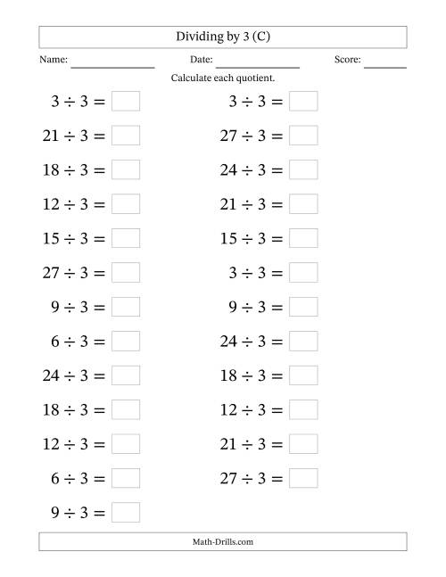 The Horizontally Arranged Dividing by 3 with Quotients 1 to 9 (25 Questions; Large Print) (C) Math Worksheet