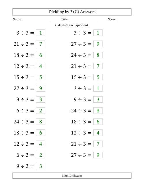 The Horizontally Arranged Dividing by 3 with Quotients 1 to 9 (25 Questions; Large Print) (C) Math Worksheet Page 2