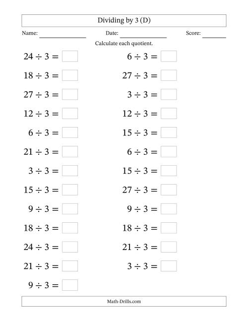 The Horizontally Arranged Dividing by 3 with Quotients 1 to 9 (25 Questions; Large Print) (D) Math Worksheet