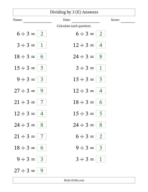 The Horizontally Arranged Dividing by 3 with Quotients 1 to 9 (25 Questions; Large Print) (E) Math Worksheet Page 2