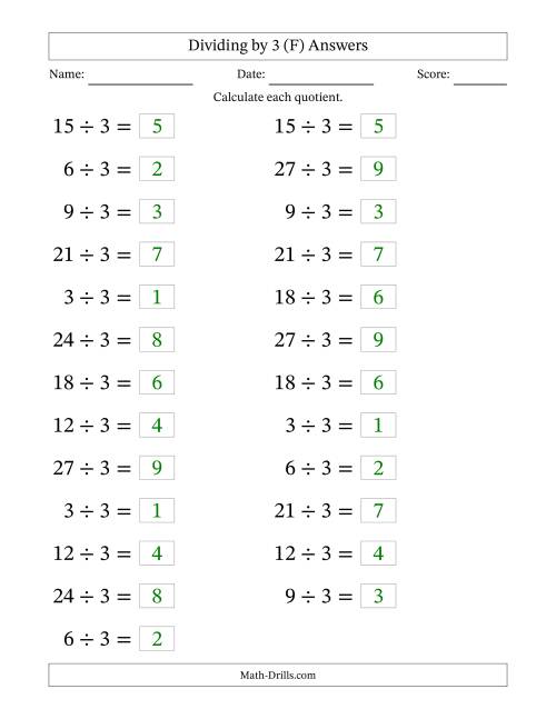 The Horizontally Arranged Dividing by 3 with Quotients 1 to 9 (25 Questions; Large Print) (F) Math Worksheet Page 2