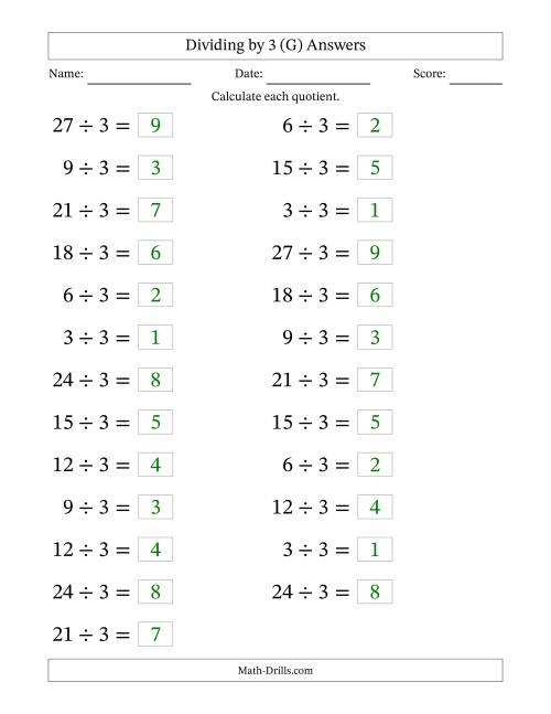 The Horizontally Arranged Dividing by 3 with Quotients 1 to 9 (25 Questions; Large Print) (G) Math Worksheet Page 2
