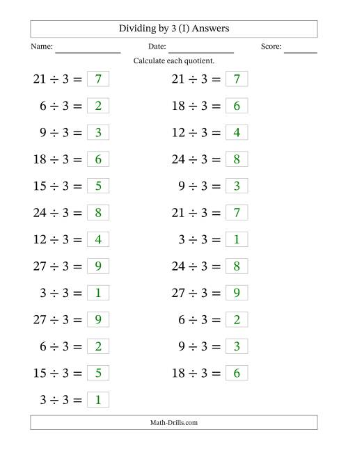 The Horizontally Arranged Dividing by 3 with Quotients 1 to 9 (25 Questions; Large Print) (I) Math Worksheet Page 2