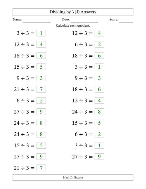 The Horizontally Arranged Dividing by 3 with Quotients 1 to 9 (25 Questions; Large Print) (J) Math Worksheet Page 2