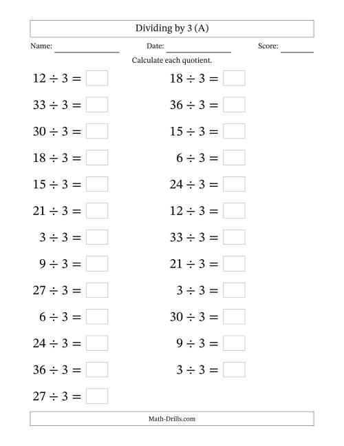 The Horizontally Arranged Dividing by 3 with Quotients 1 to 12 (25 Questions; Large Print) (A) Math Worksheet