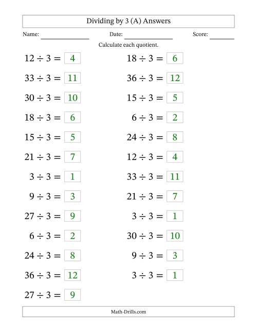 The Horizontally Arranged Dividing by 3 with Quotients 1 to 12 (25 Questions; Large Print) (A) Math Worksheet Page 2