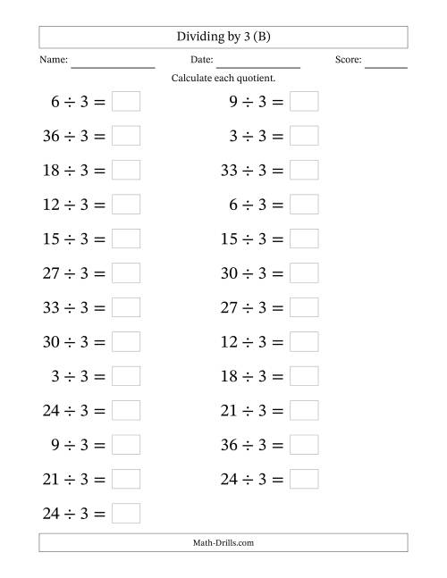 The Horizontally Arranged Dividing by 3 with Quotients 1 to 12 (25 Questions; Large Print) (B) Math Worksheet