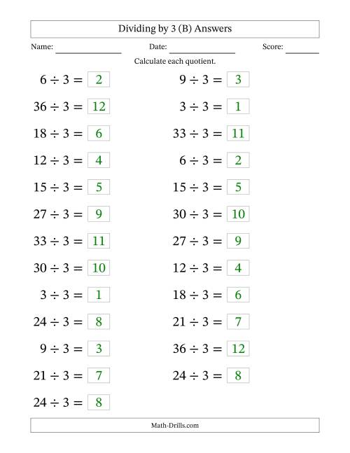The Horizontally Arranged Dividing by 3 with Quotients 1 to 12 (25 Questions; Large Print) (B) Math Worksheet Page 2