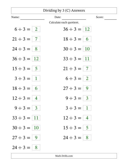 The Horizontally Arranged Dividing by 3 with Quotients 1 to 12 (25 Questions; Large Print) (C) Math Worksheet Page 2