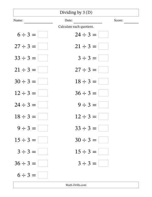 The Horizontally Arranged Dividing by 3 with Quotients 1 to 12 (25 Questions; Large Print) (D) Math Worksheet