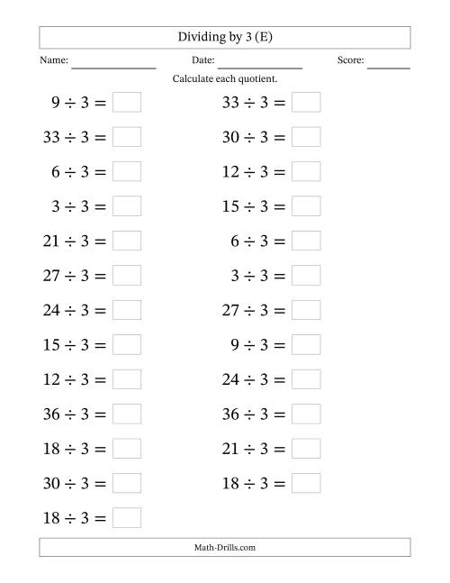 The Horizontally Arranged Dividing by 3 with Quotients 1 to 12 (25 Questions; Large Print) (E) Math Worksheet