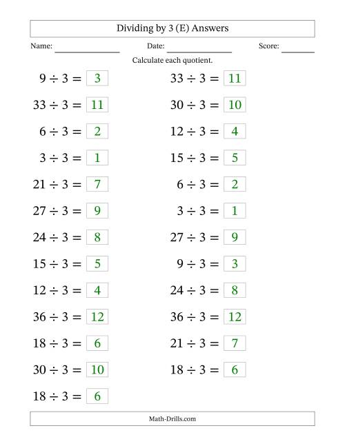 The Horizontally Arranged Dividing by 3 with Quotients 1 to 12 (25 Questions; Large Print) (E) Math Worksheet Page 2