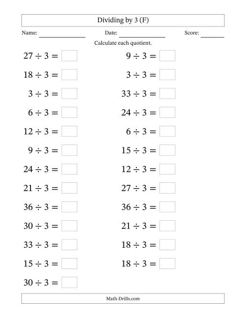 The Horizontally Arranged Dividing by 3 with Quotients 1 to 12 (25 Questions; Large Print) (F) Math Worksheet