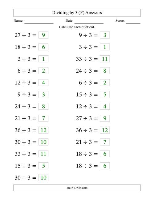 The Horizontally Arranged Dividing by 3 with Quotients 1 to 12 (25 Questions; Large Print) (F) Math Worksheet Page 2