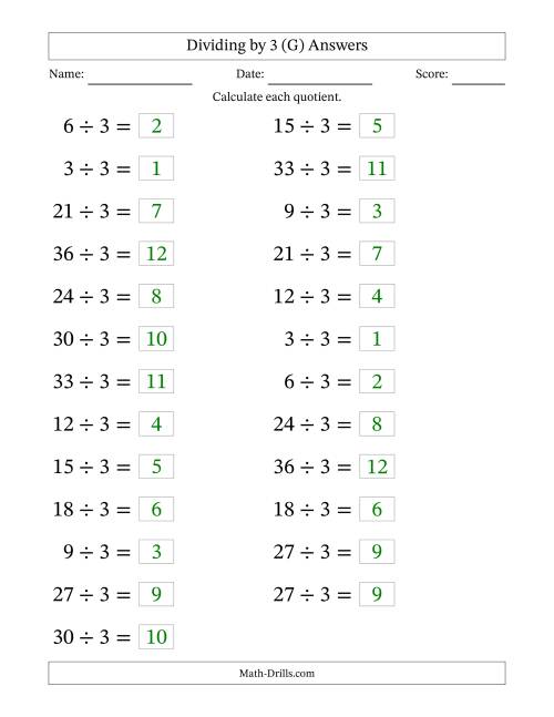 The Horizontally Arranged Dividing by 3 with Quotients 1 to 12 (25 Questions; Large Print) (G) Math Worksheet Page 2