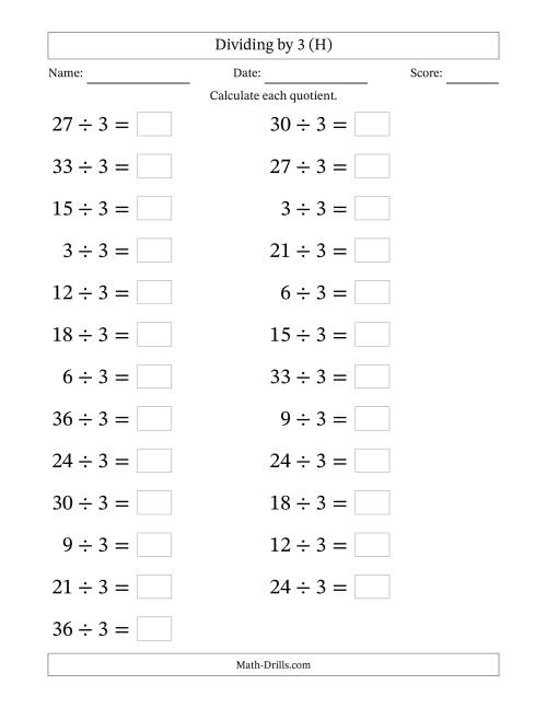 The Horizontally Arranged Dividing by 3 with Quotients 1 to 12 (25 Questions; Large Print) (H) Math Worksheet
