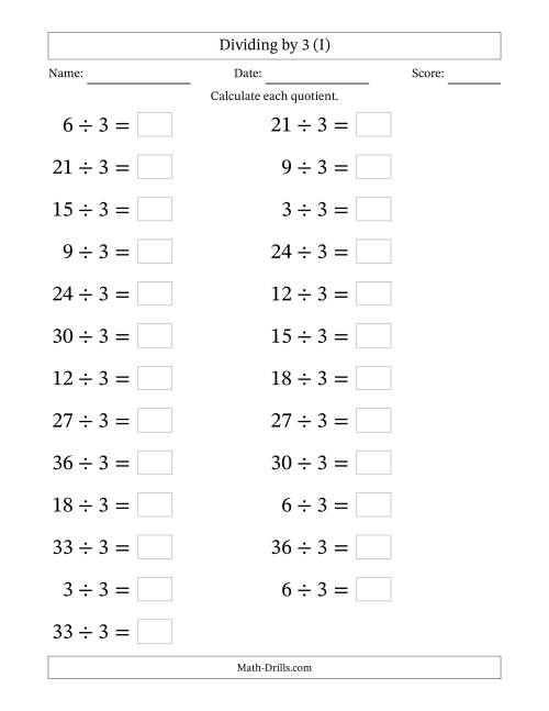 The Horizontally Arranged Dividing by 3 with Quotients 1 to 12 (25 Questions; Large Print) (I) Math Worksheet