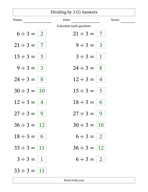 The Horizontally Arranged Dividing by 3 with Quotients 1 to 12 (25 Questions; Large Print) (I) Math Worksheet Page 2