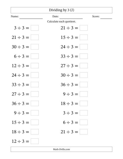 The Horizontally Arranged Dividing by 3 with Quotients 1 to 12 (25 Questions; Large Print) (J) Math Worksheet