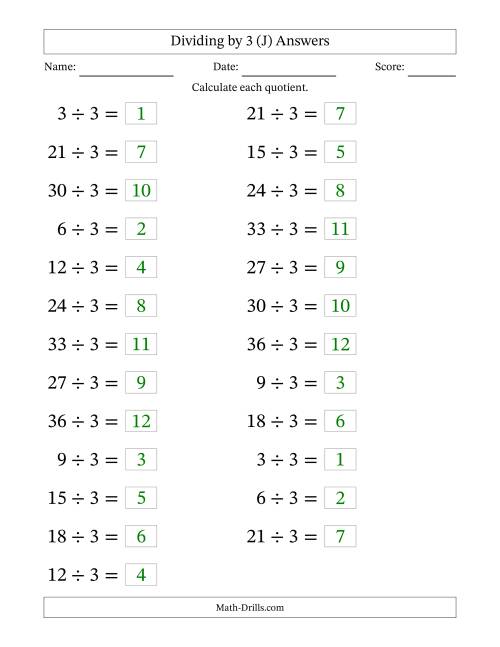 The Horizontally Arranged Dividing by 3 with Quotients 1 to 12 (25 Questions; Large Print) (J) Math Worksheet Page 2