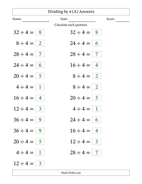 The Horizontally Arranged Dividing by 4 with Quotients 1 to 9 (25 Questions; Large Print) (A) Math Worksheet Page 2