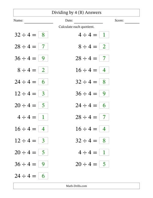 The Horizontally Arranged Dividing by 4 with Quotients 1 to 9 (25 Questions; Large Print) (B) Math Worksheet Page 2