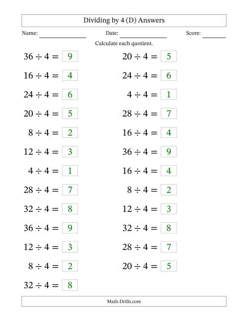 The Horizontally Arranged Dividing by 4 with Quotients 1 to 9 (25 Questions; Large Print) (D) Math Worksheet Page 2