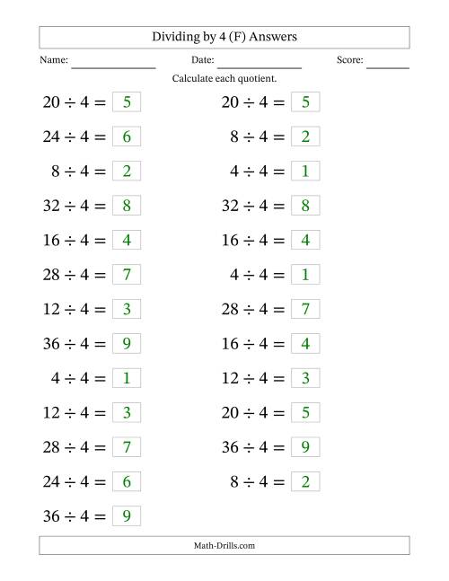 The Horizontally Arranged Dividing by 4 with Quotients 1 to 9 (25 Questions; Large Print) (F) Math Worksheet Page 2